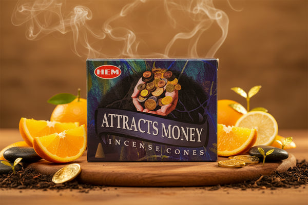 HEM incense cones packaging with money symbol on a blue background