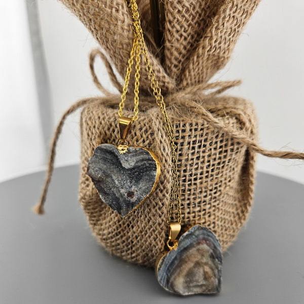 Chalcedony Agate Heart Druzy Necklace (Gold) - Lucid Willow - Jewelry