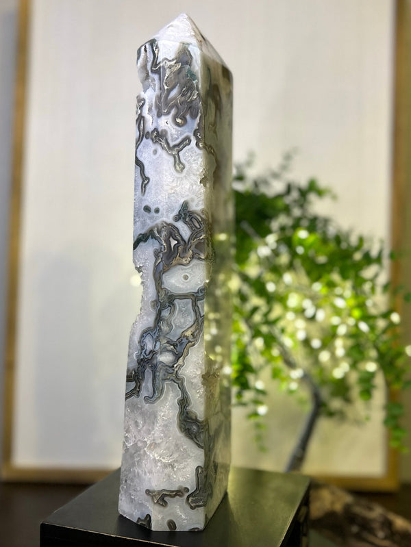 Moss Agate Tower #T004 (Appx 14.5" tall x 4.5" wide) - Lucid Willow - Crystal