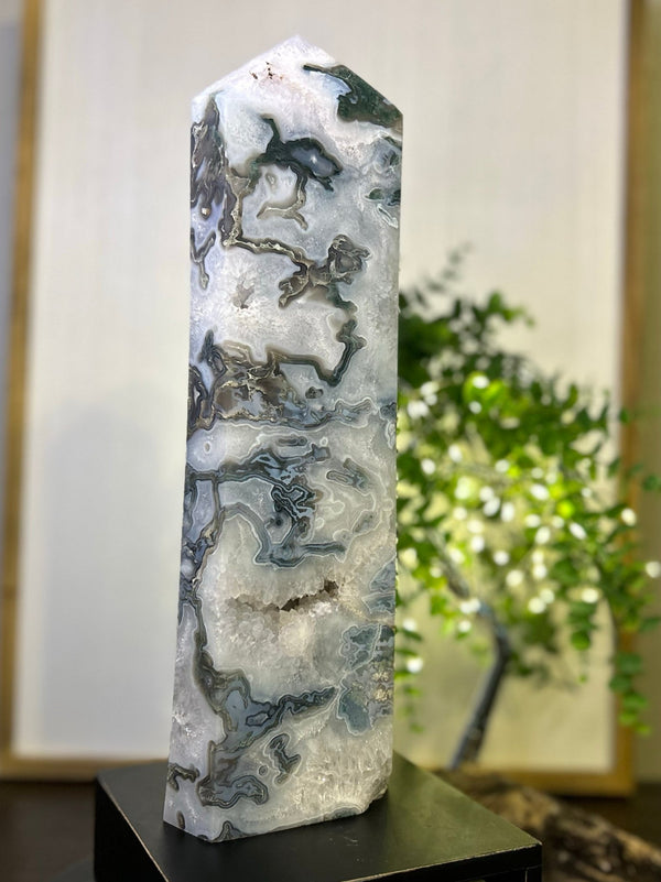 Moss Agate Tower #T004 (Appx 14.5" tall x 4.5" wide) - Lucid Willow - Crystal