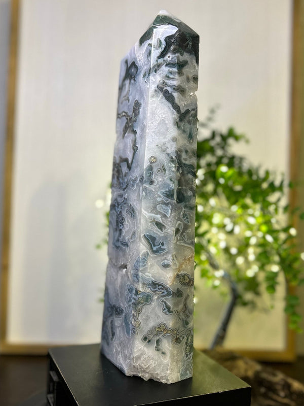 Moss Agate Tower #T004 (Appx 14.5" tall x 4.5" wide) - Lucid Willow - Crystal