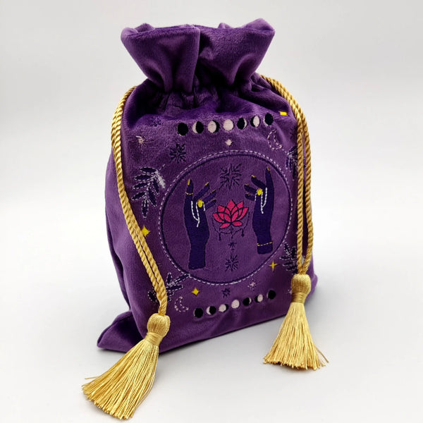 Lotus Purple Velvet Bag embroidered with spiritual hands