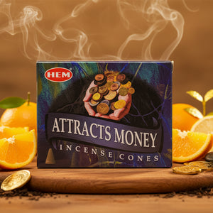 HEM incense cones packaging with money symbol on a blue background