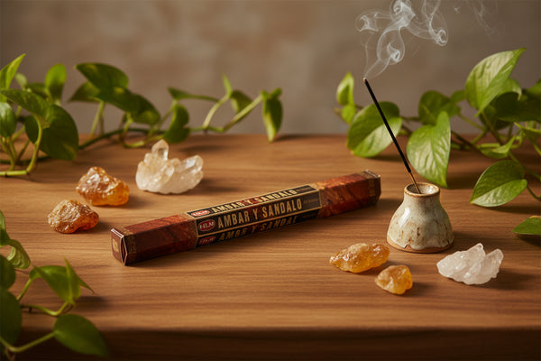 Incense smoking in burner, with box of incense on table with plants and crystals