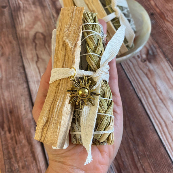 White Sage Sweetgrass Smudge Bundle with sun charm