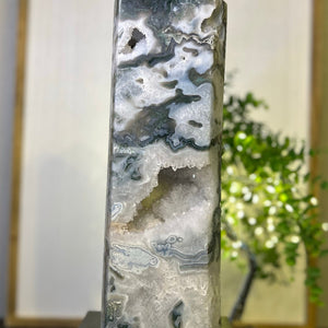 Moss Agate Tower #T004 (Appx 14.5" tall x 4.5" wide) - Lucid Willow - Crystal