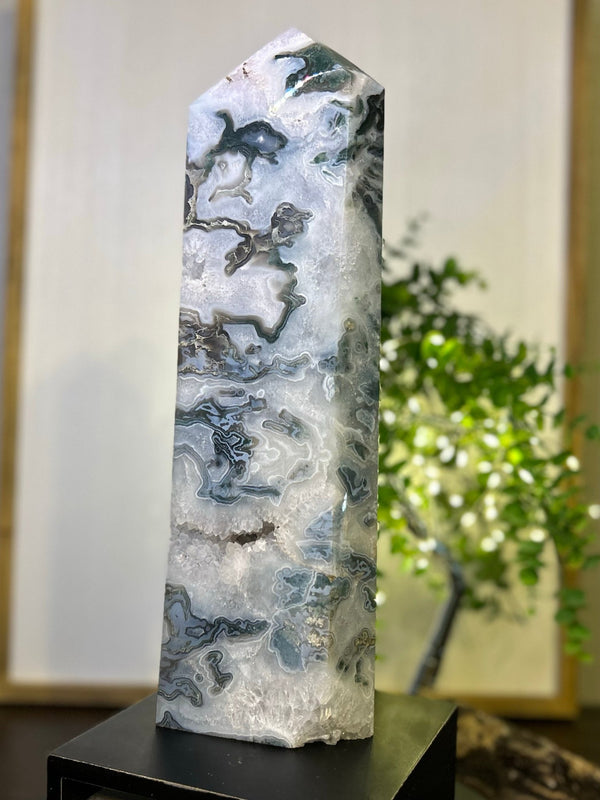 Moss Agate Tower #T004 (Appx 14.5" tall x 4.5" wide) - Lucid Willow - Crystal