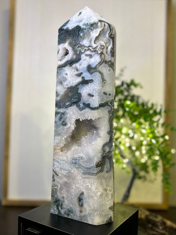 Moss Agate Tower #T004 (Appx 14.5" tall x 4.5" wide) - Lucid Willow - Crystal