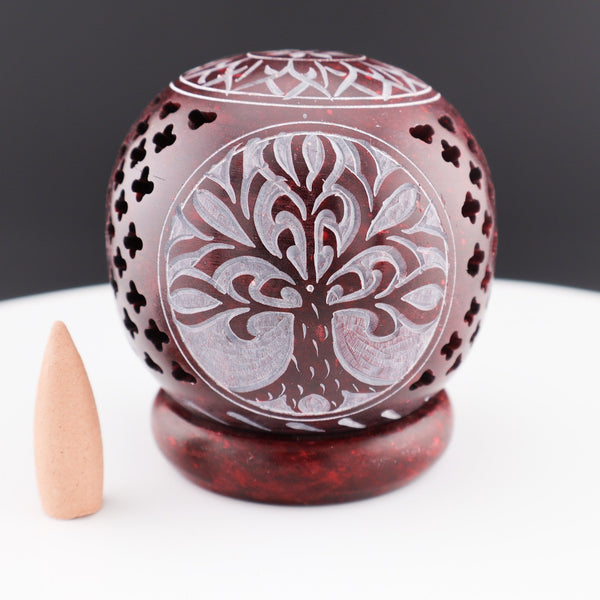 Tree Sphere Soapstone Incense Cone Burner #M039 - Lucid Willow - Spiritual